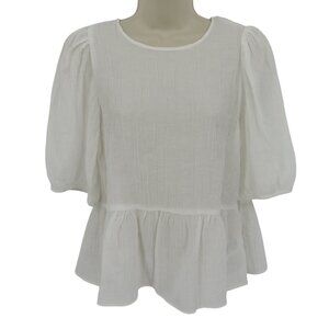 H&M Women Medium Solid White Ivory Sheer Crinkle Half Sleeve Blouse Shirt Top